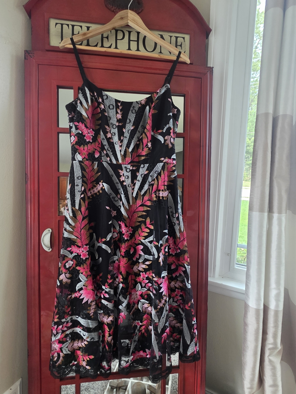 Dress the Population Black Midi Dress with Pink & Silver Floral Embroidery